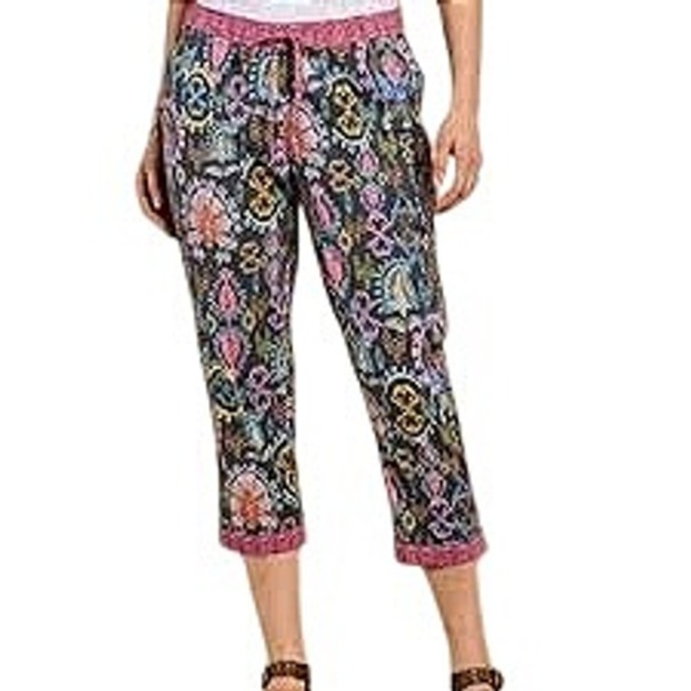 Sundance Leia Multi Pattern Cropped Capri Pants Elastic Waist‎ Drawstring Cotton